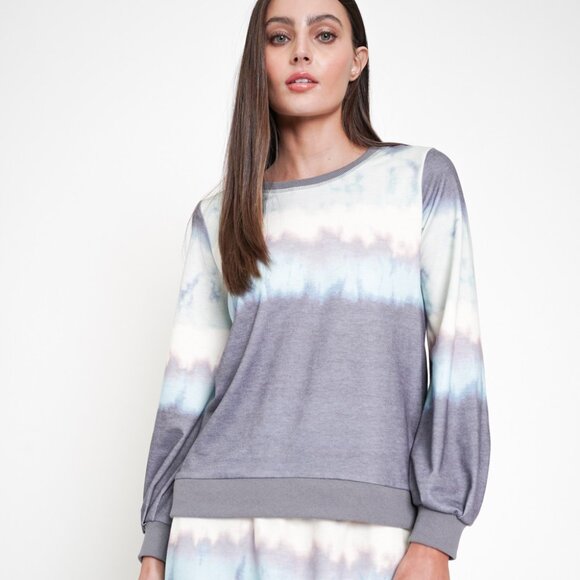 MYSTREE Grey & Blue Tie-Dye Sweatshirt, Long Sleeve Pullover Top - Picture 2 of 4